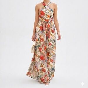 Lulu's Floral Halter Maxi Dress in Cream with Red & Green Accents